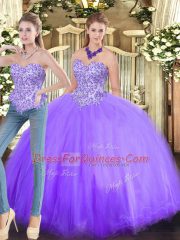 Lavender Tulle Lace Up Sweetheart Sleeveless Floor Length Quinceanera Dresses Beading