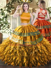 Most Popular Sleeveless Tulle Floor Length Criss Cross Quince Ball Gowns in Brown with Ruffles and Sequins