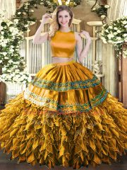 Most Popular Sleeveless Tulle Floor Length Criss Cross Quince Ball Gowns in Brown with Ruffles and Sequins