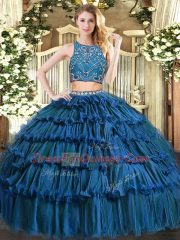 Tulle Sleeveless Floor Length Sweet 16 Dress and Beading and Ruffled Layers