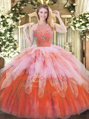 Sleeveless Tulle Floor Length Zipper Sweet 16 Dresses in Multi-color with Beading and Ruffles