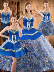 Sleeveless Satin and Fabric With Rolling Flowers With Train Sweep Train Lace Up Sweet 16 Dresses in Multi-color with Embroidery