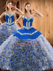 Sleeveless Satin and Fabric With Rolling Flowers With Train Sweep Train Lace Up Sweet 16 Dresses in Multi-color with Embroidery