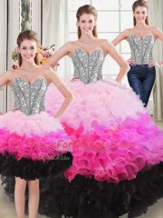 Traditional Multi-color Three Pieces Organza Sweetheart Sleeveless Beading and Ruffles Floor Length Lace Up 15 Quinceanera Dress
