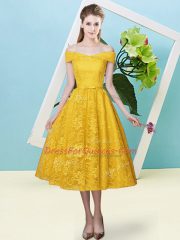 Customized Gold Empire Bowknot Quinceanera Dama Dress Lace Up Lace Cap Sleeves Tea Length