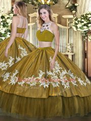 Beauteous Beading and Appliques 15th Birthday Dress Olive Green Backless Sleeveless Floor Length