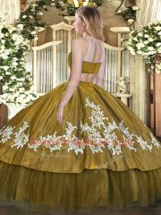 Beauteous Beading and Appliques 15th Birthday Dress Olive Green Backless Sleeveless Floor Length