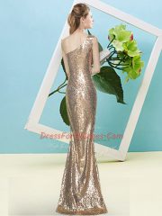 Sumptuous Floor Length Gold Homecoming Dress One Shoulder Sleeveless Zipper