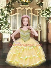 Gold Sleeveless Beading and Ruffled Layers Floor Length Kids Pageant Dress