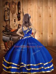 Blue Little Girls Pageant Dress Party and Sweet 16 and Quinceanera and Wedding Party with Embroidery and Ruffled Layers Straps Sleeveless Lace Up