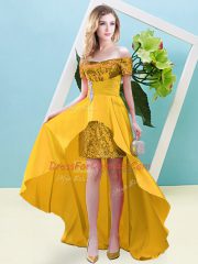 Admirable Gold Elastic Woven Satin and Sequined Lace Up Prom Dresses Short Sleeves High Low Beading