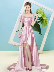 Best Selling Pink Lace Up Off The Shoulder Sequins Prom Gown Elastic Woven Satin and Sequined Short Sleeves