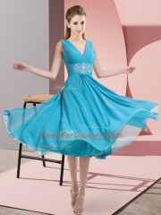 Designer Knee Length Side Zipper Dama Dress Aqua Blue for Prom and Party and Wedding Party with Beading