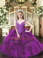Hot Sale Purple V-neck Lace Up Beading and Ruffles Little Girls Pageant Gowns Sleeveless