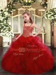 Red Lace Up Pageant Dress Womens Beading and Ruffles Sleeveless Floor Length