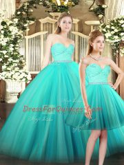 Stylish Floor Length Ball Gowns Sleeveless Aqua Blue 15th Birthday Dress Lace Up
