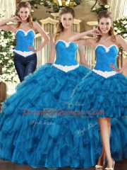 Glittering Teal Ball Gowns Sweetheart Sleeveless Tulle Floor Length Lace Up Ruffles Sweet 16 Dresses