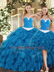 Glittering Teal Ball Gowns Sweetheart Sleeveless Tulle Floor Length Lace Up Ruffles Sweet 16 Dresses
