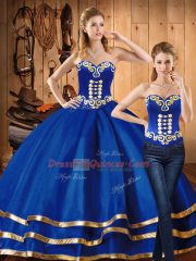 Blue Sleeveless Satin and Tulle Lace Up Quinceanera Gowns for Military Ball and Sweet 16 and Quinceanera