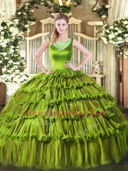 Elegant Olive Green Scoop Side Zipper Beading and Ruffled Layers Vestidos de Quinceanera Sleeveless
