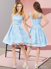 Dazzling Aqua Blue Scoop Zipper Bowknot Dama Dress Sleeveless