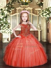 Top Selling Red Ball Gowns Tulle Scoop Sleeveless Beading and Ruffles Floor Length Zipper Pageant Dress