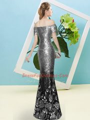 Most Popular V-neck Short Sleeves Zipper Prom Dress Silver Sequined