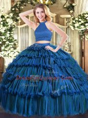 Custom Design Beading and Ruffled Layers Quinceanera Dress Blue Backless Sleeveless Floor Length