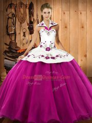 Discount Fuchsia Ball Gowns Embroidery Sweet 16 Quinceanera Dress Lace Up Satin and Tulle Sleeveless Floor Length