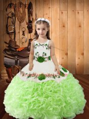 Dazzling Yellow Green Sleeveless Floor Length Embroidery and Ruffles Lace Up Little Girls Pageant Gowns