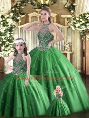 Adorable Dark Green Ball Gowns Beading Quince Ball Gowns Lace Up Tulle Sleeveless Floor Length