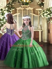 Adorable Dark Green Ball Gowns Beading Quince Ball Gowns Lace Up Tulle Sleeveless Floor Length