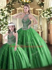 Adorable Dark Green Ball Gowns Beading Quince Ball Gowns Lace Up Tulle Sleeveless Floor Length