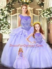 Eye-catching Scoop Sleeveless Vestidos de Quinceanera Floor Length Beading Lavender Tulle