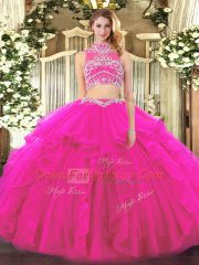 High-neck Sleeveless Backless Sweet 16 Dress Fuchsia Tulle