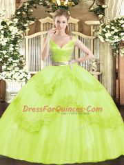 Dramatic Yellow Green Sleeveless Floor Length Beading and Appliques Zipper Vestidos de Quinceanera