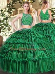 Dark Green High-neck Neckline Beading and Appliques and Ruffled Layers Sweet 16 Dresses Sleeveless Zipper