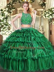 Dark Green High-neck Neckline Beading and Appliques and Ruffled Layers Sweet 16 Dresses Sleeveless Zipper