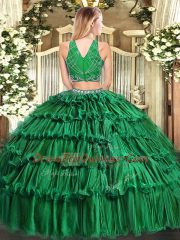 Dark Green High-neck Neckline Beading and Appliques and Ruffled Layers Sweet 16 Dresses Sleeveless Zipper