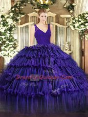 Sleeveless Zipper Floor Length Beading and Ruffled Layers 15 Quinceanera Dress
