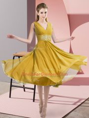 Knee Length Side Zipper Dama Dress for Quinceanera Gold for Prom and Party and Wedding Party with Beading
