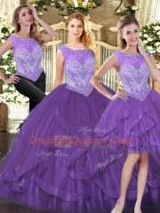 Purple Scoop Neckline Beading and Ruffles Sweet 16 Dresses Sleeveless Zipper