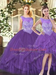 Purple Scoop Neckline Beading and Ruffles Sweet 16 Dresses Sleeveless Zipper