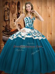 Sleeveless Satin and Tulle Floor Length Lace Up Quinceanera Dress in Teal with Embroidery