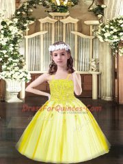 Lovely Yellow Tulle Lace Up Spaghetti Straps Sleeveless Floor Length Child Pageant Dress Beading