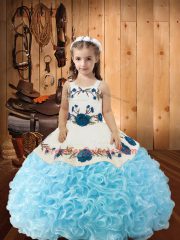 Customized Baby Blue Straps Lace Up Beading and Ruffles Pageant Dress for Womens Sleeveless