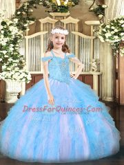 Ball Gowns Child Pageant Dress Baby Blue Off The Shoulder Organza Sleeveless Floor Length Lace Up