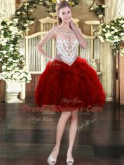 Charming Wine Red Tulle Zipper Scoop Sleeveless Floor Length Quinceanera Gown Beading and Ruffles