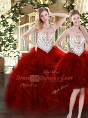 Charming Wine Red Tulle Zipper Scoop Sleeveless Floor Length Quinceanera Gown Beading and Ruffles