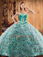Fantastic Satin and Fabric With Rolling Flowers Sweetheart Sleeveless Sweep Train Lace Up Embroidery Quince Ball Gowns in Multi-color